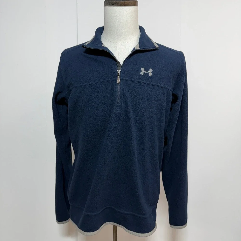 Under‎ Armour Pullover Mens Medium Blue Fleece 1/4 Zip Logo Activewear